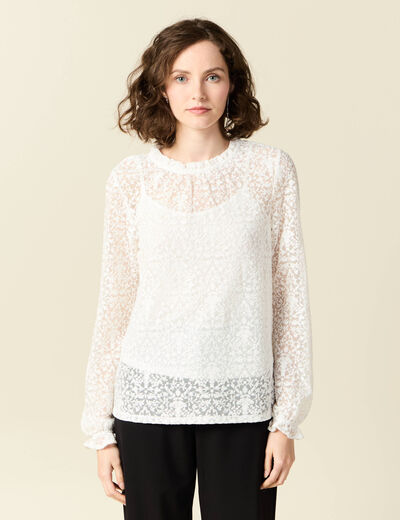 T-shirt manches longues broderie ecru femme