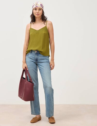 Caraco col v bretelles brod&eacute; vert kaki femme