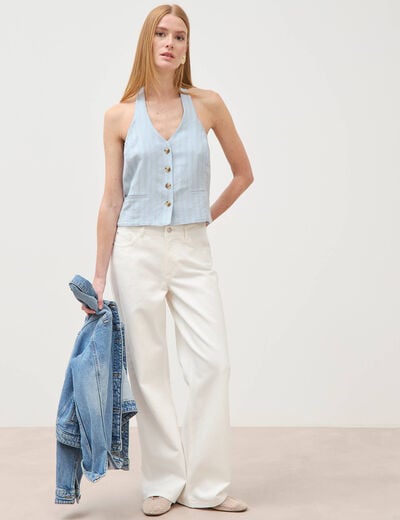 Jeans wide leg taille bascul&eacute;e denim blanc femme