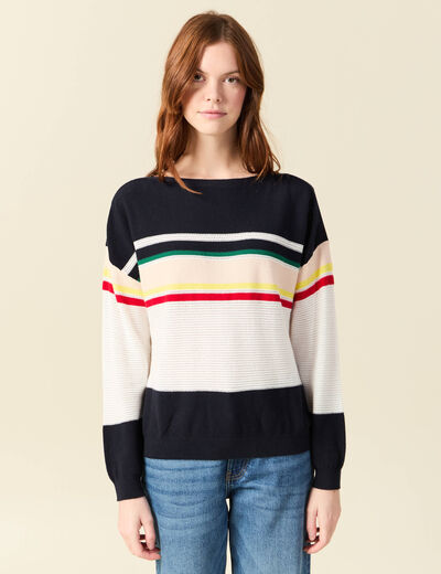 Pull col bateau manches longues en coton bleu marine femme