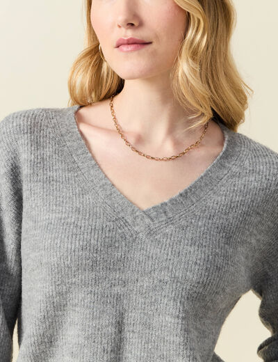 Pull manches longues col en V gris clair femme