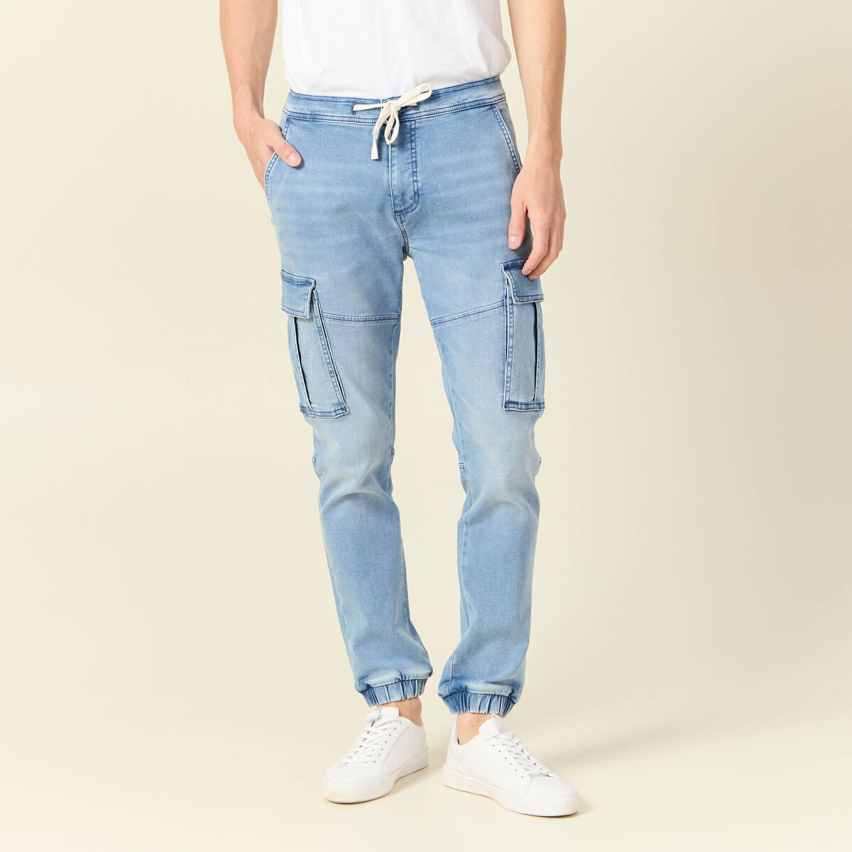 Jeans battle à coulisse denim bleach homme