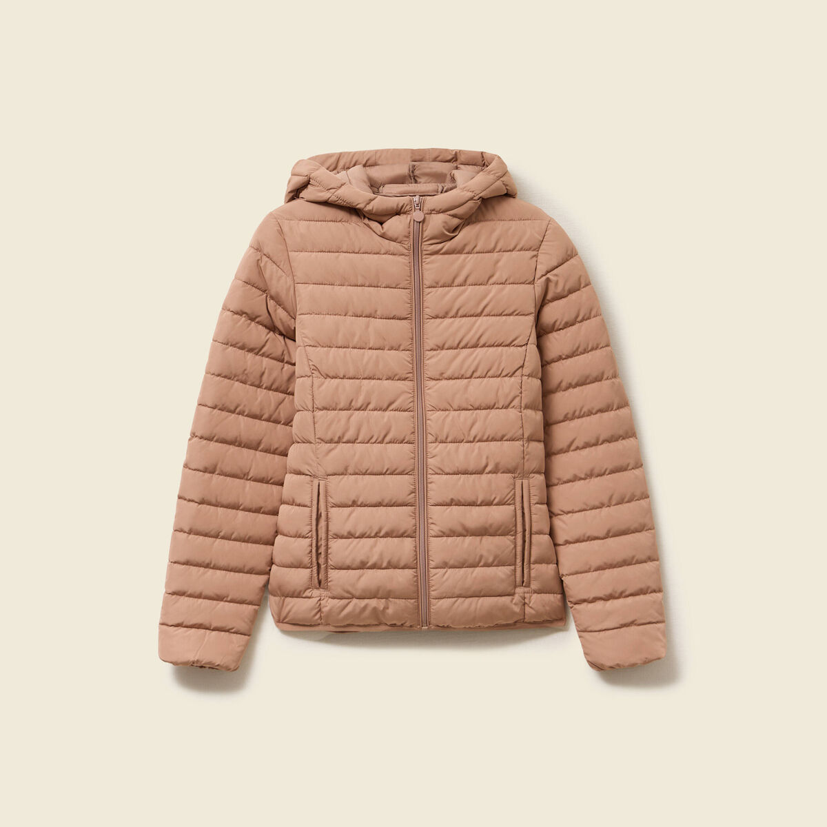 Doudoune ajust&eacute;e mi-longue &agrave; capuche marron clair femme