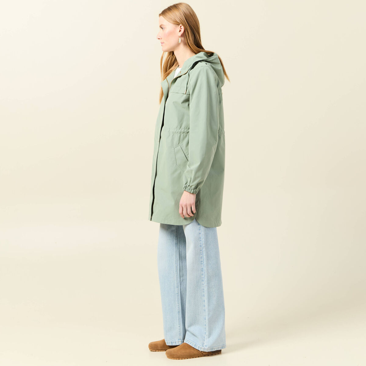 Parka longue à capuche vert kaki femme