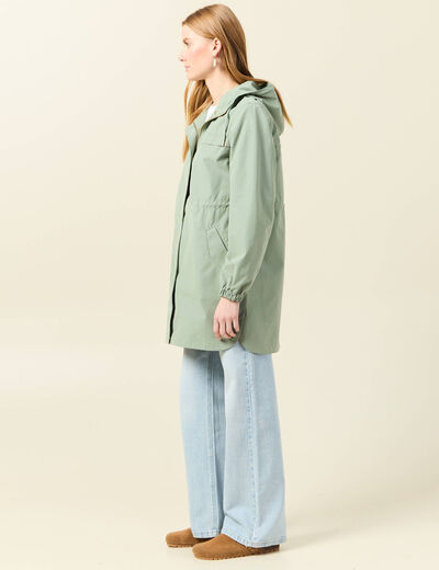 Parka longue à capuche vert kaki femme