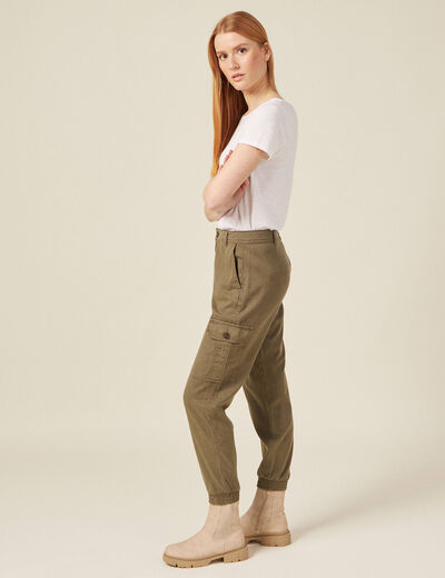 Pantalon battle 7/8&egrave;me taille standard vert kaki femme
