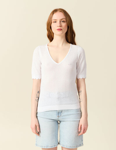 Pull manches courtes ajouré blanc femme