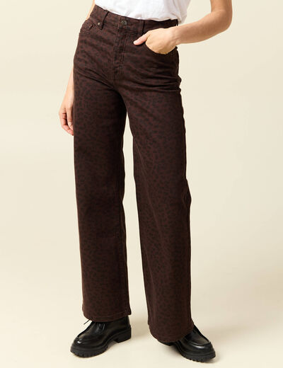 Pantalon large taille haute en jeans marron cognac femme