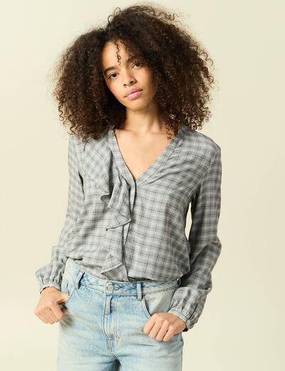 Chemise droite courte manches longues gris fonc&eacute; femme