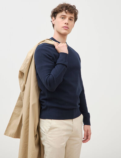 Pull manches longues col rond bleu marine homme