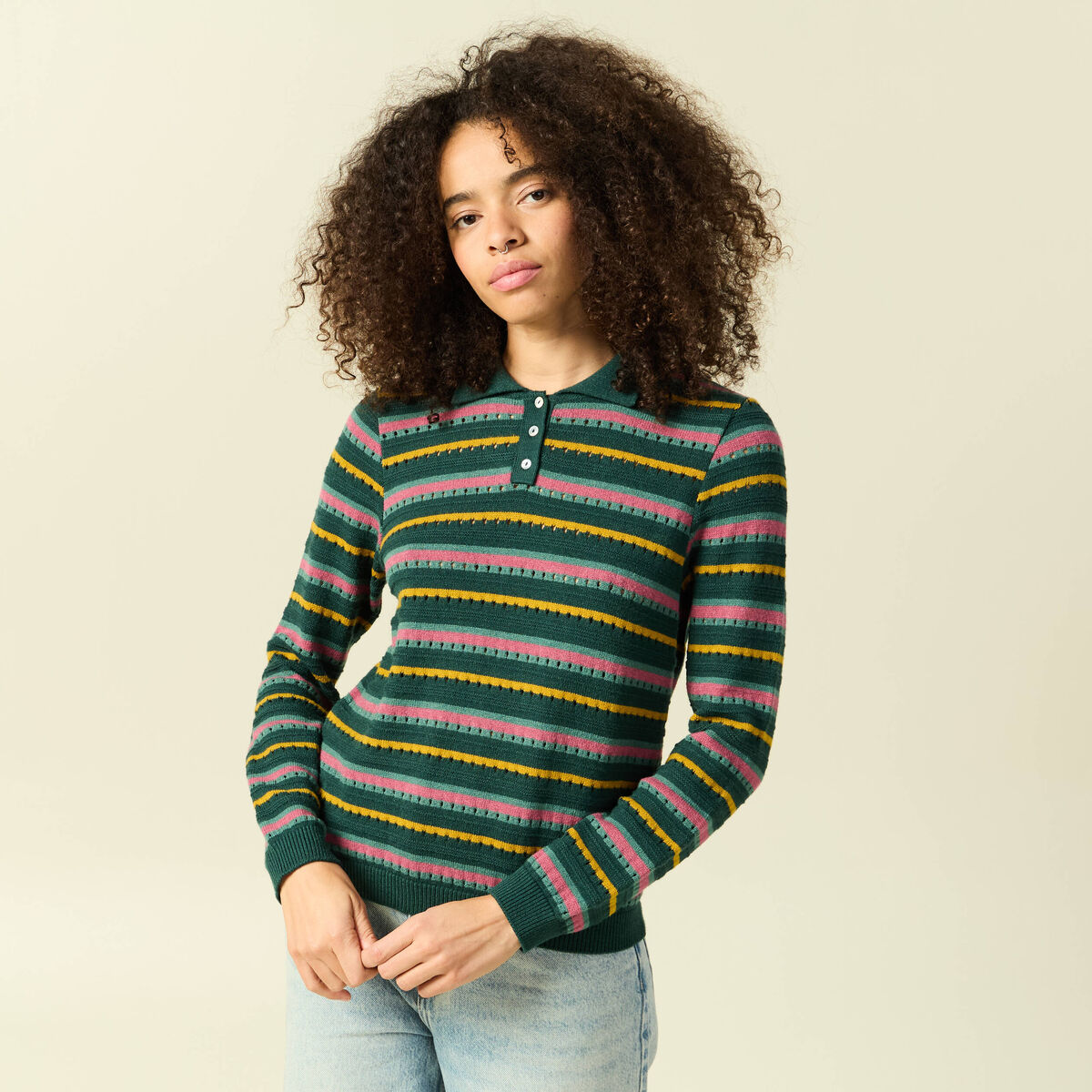 Pull col polo manches longues vert fonc&eacute; femme