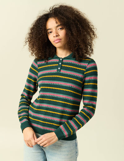 Pull col polo manches longues vert fonc&eacute; femme