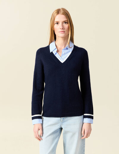 Pull manches longues 2-en-1 bleu foncé femme