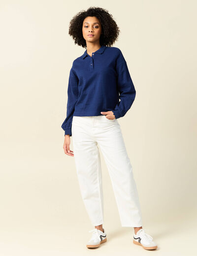 Sweat manches longues col polo bleu foncé femme