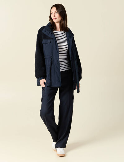 Manteau manches sherpa bleu marine femme