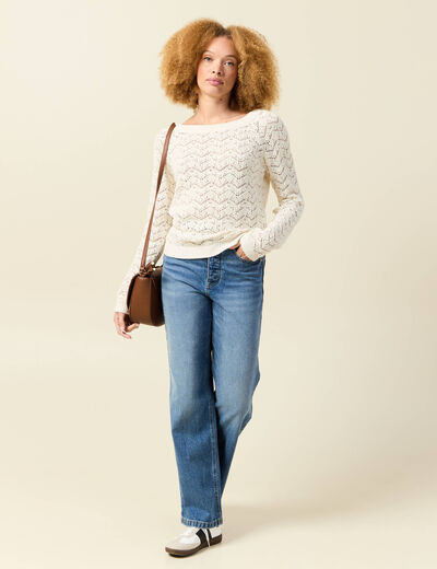 Pull ajouré col bateau manches longues ecru femme