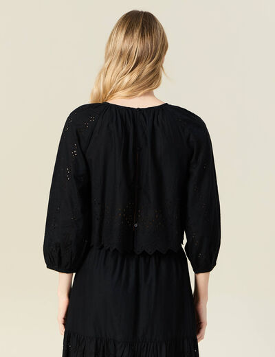 Blouse manches 3/4 brodée noir femme