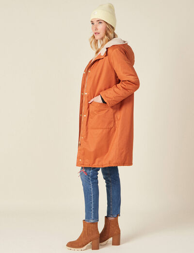 Parka droite à capuche doublée orange foncé femme