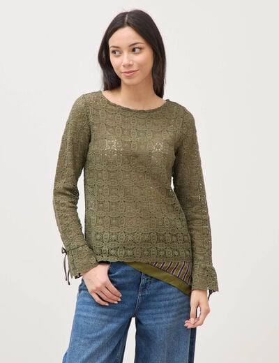 T-shirt manches longues en dentelle vert kaki femme