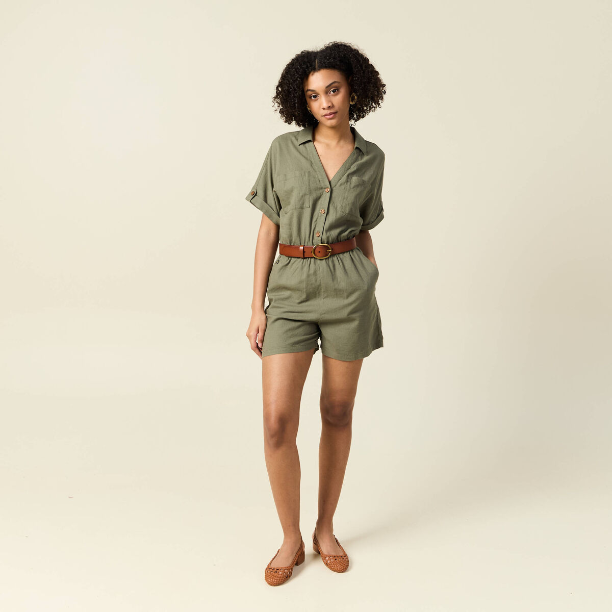 Combishort manches courtes vert kaki femme
