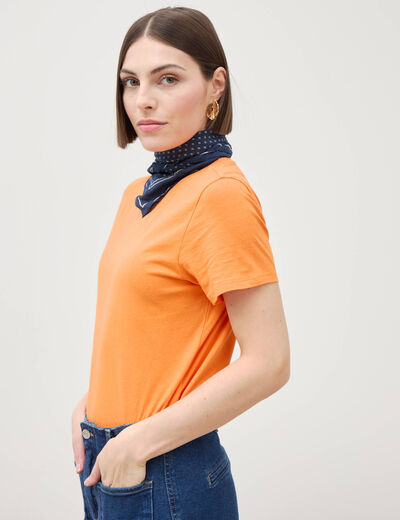 T-shirt cintr&eacute; col rond manches courtes orange clair femme