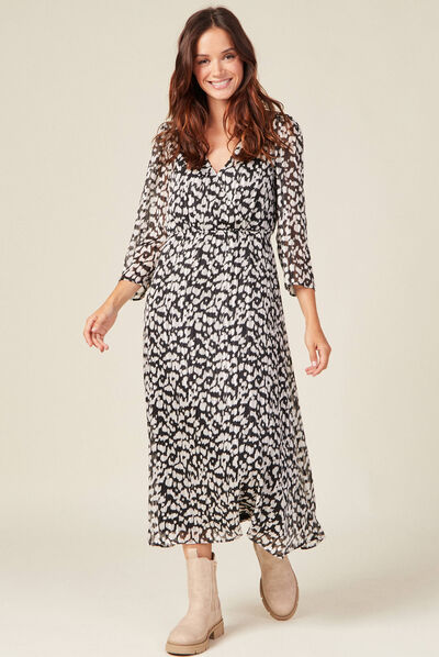 Robe longue évasée manches 3/4 noir femme
