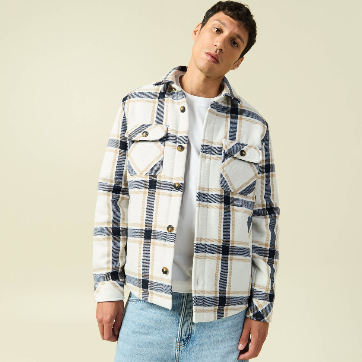 Surchemise oversize courte doubl&eacute;e bleu marine homme
