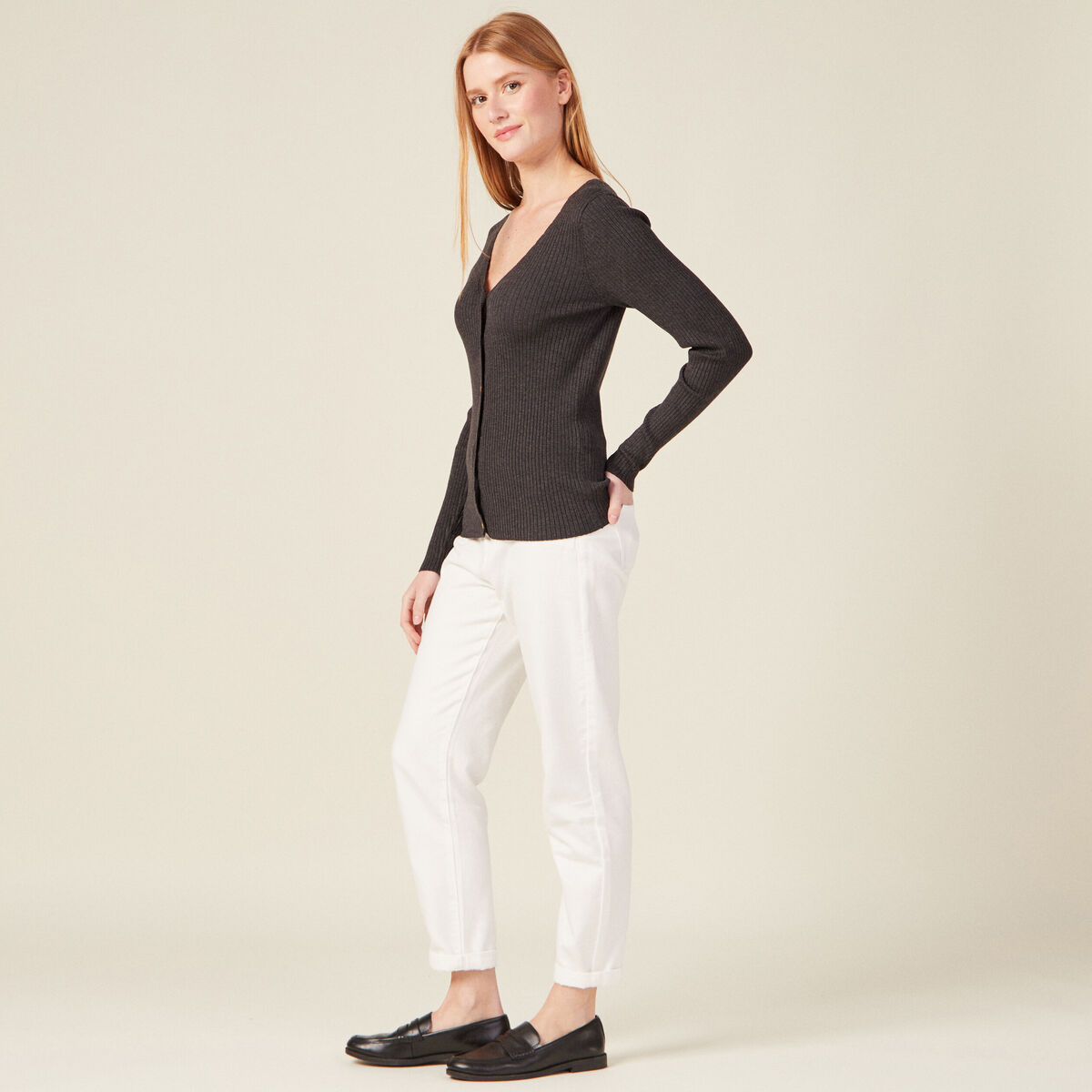Gilet manches longues col v gris fonc&eacute; femme