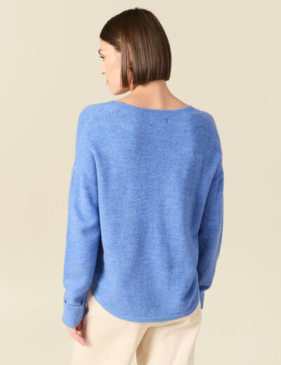 Pull manches longues col en V bleu ciel femme