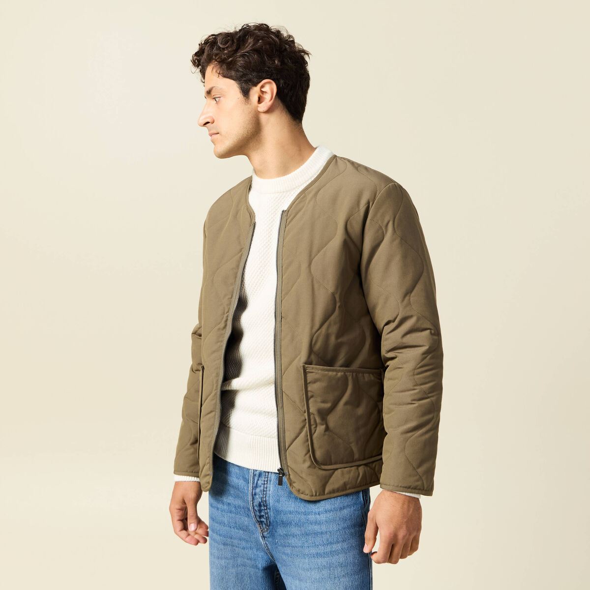 Doudoune manches longues doubl&eacute;e vert kaki homme