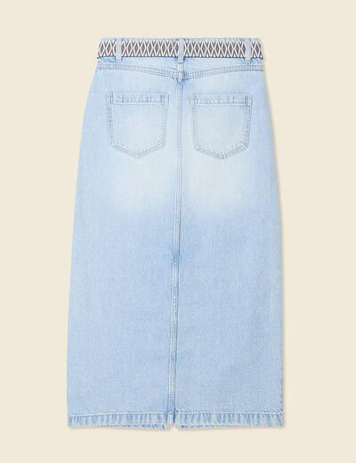 Jupe longue droite en jean denim bleach femme