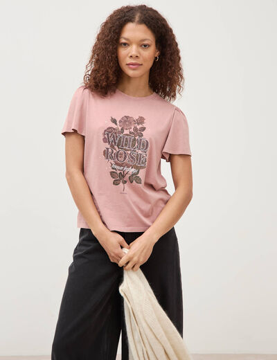 T-shirt col rond manches courtes vieux rose femme