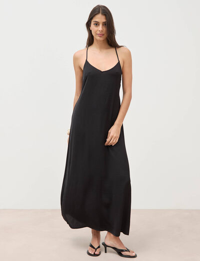 Robe satin&eacute;e bretelles col v noir femme