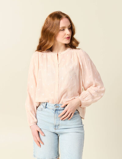 Blouse manches longues brodée rose poudrée femme