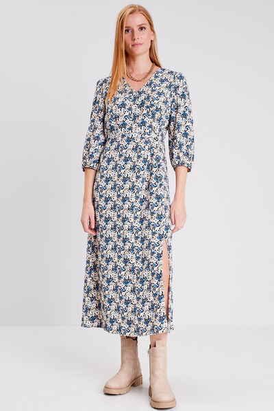 Robe longue droite manches 3/4 noir femme