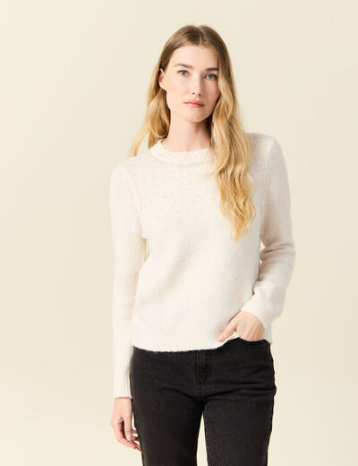 Pull manches longues perles ecru femme