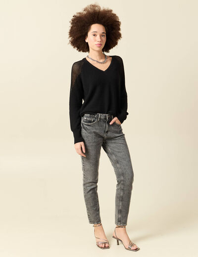 Pull ajour&eacute; col V manches longues noir femme