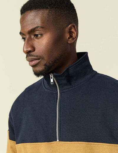 Sweat col montant manches longues bleu marine homme