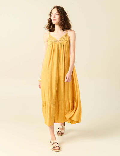 Robe longue évasée fluide jaune femme