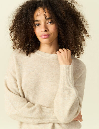 Pull col rond manches longues beige femme