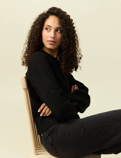Pull manches longues col rond &agrave; sequins noir femme