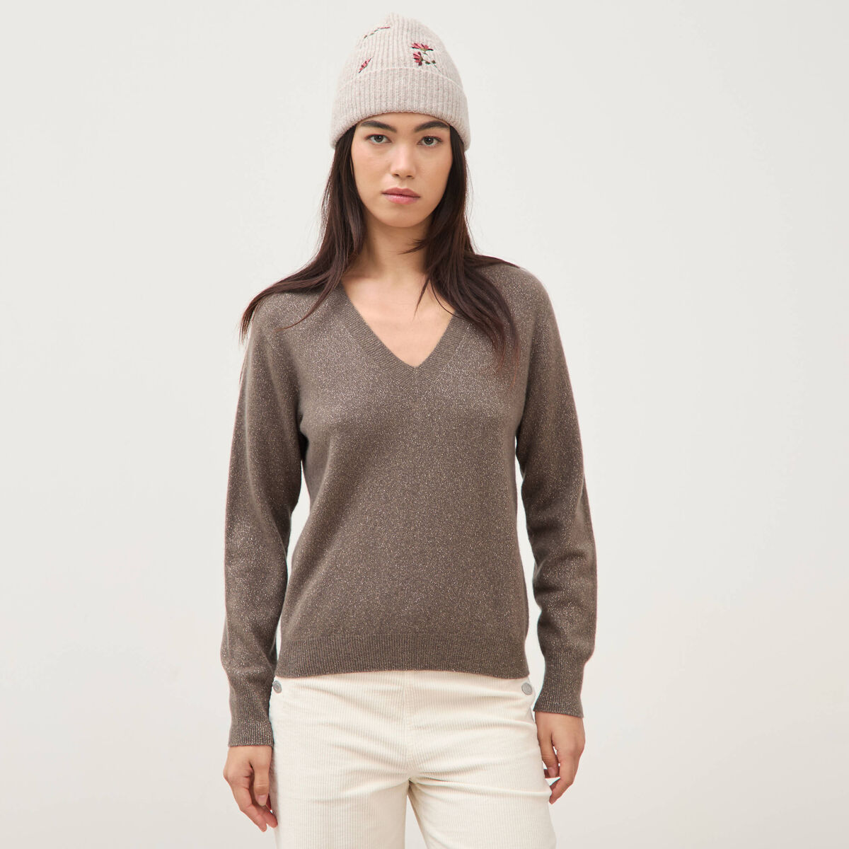 Pull droit col v manches longues taupe femme