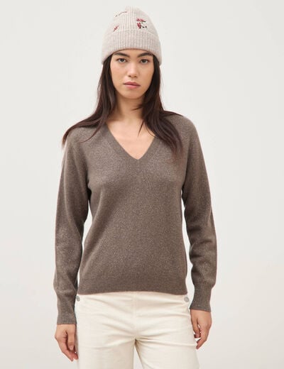Pull droit col v manches longues taupe femme