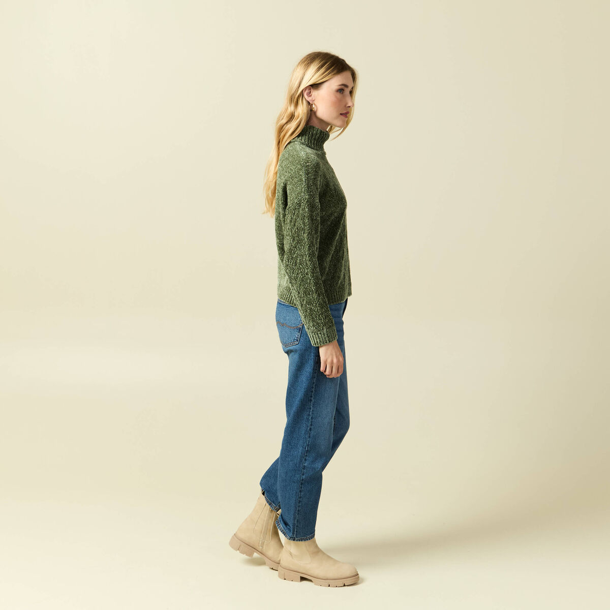 Pull col roul&eacute; manches longues vert kaki femme