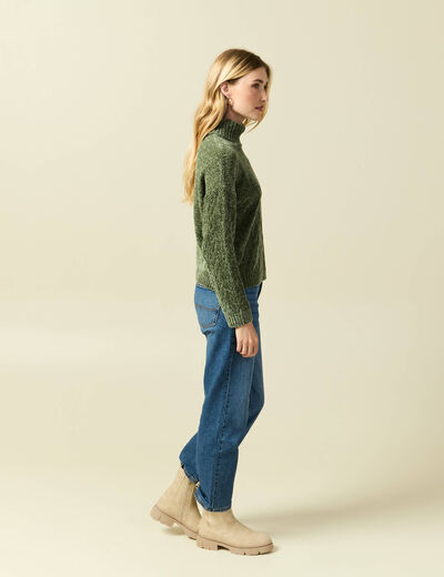 Pull col roul&eacute; manches longues vert kaki femme