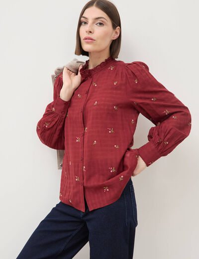Chemise manches longues en coton brod&eacute;e bordeaux femme