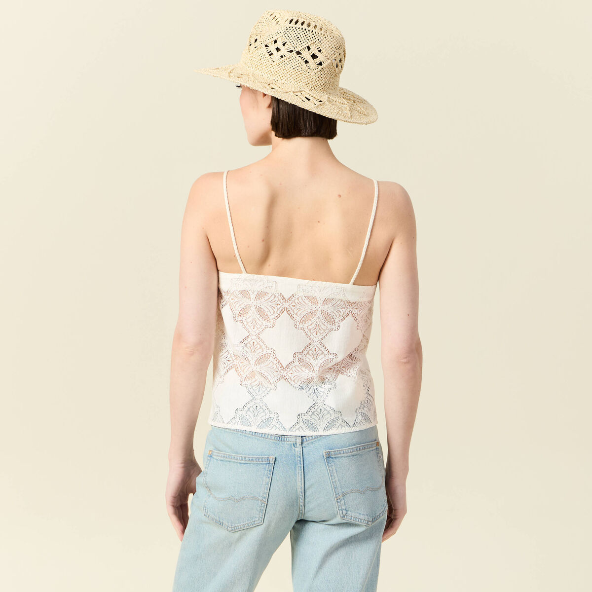 Débardeur droit court col carré dentelle ecru femme