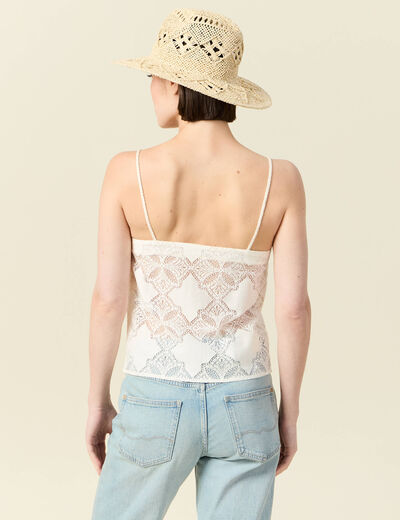 Débardeur droit court col carré dentelle ecru femme