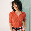 Pull manches courtes ajouré rouge femme