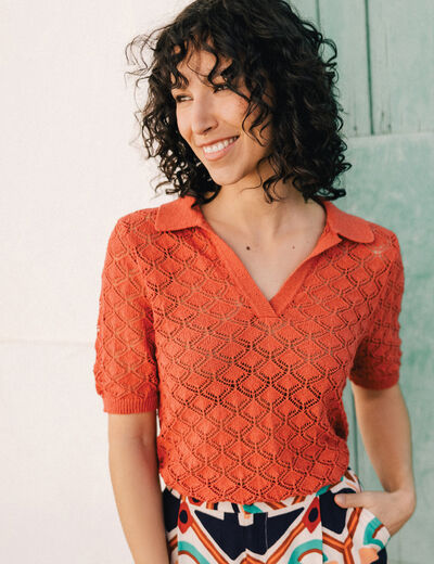 Pull manches courtes ajouré rouge femme